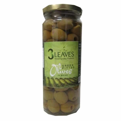 Picture of 3 LEAVES PITTED GREEN OLIVES 440GR